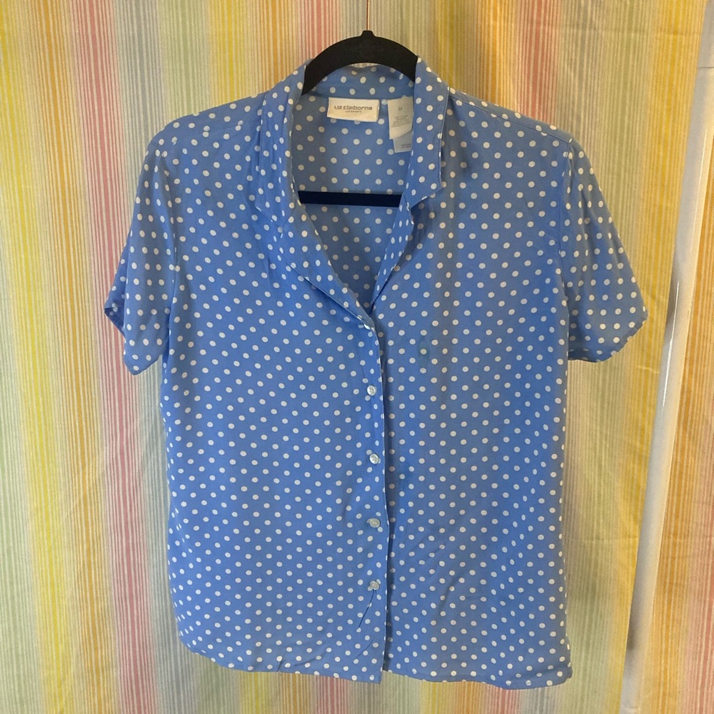 Liz Claiborne Blue and White Polka Dot Blouse Size M